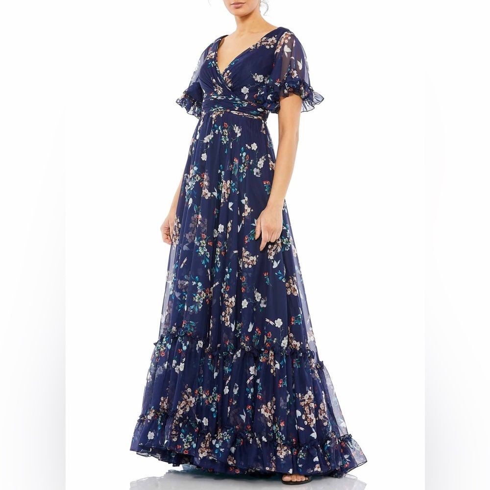 Mac Duggal Flounce Sleeve Floral Maxi Dress in Navy Multi, NWT, Size 4 - Picture 9 of 9
